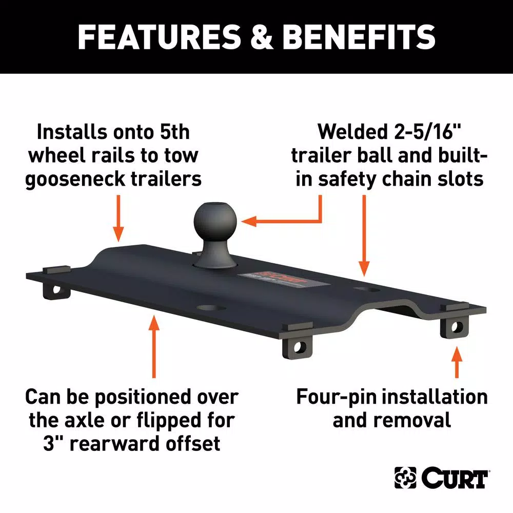 CURT Bent Plate 5th Wheel Rail Gooseneck Hitch with 2-5/16" Offset Ball