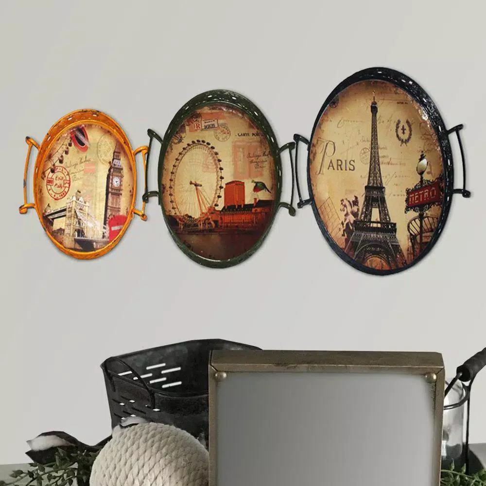 Benjara Brown Metal Oval Serving Tray Set of 3 with Handles - Modern Urban Print