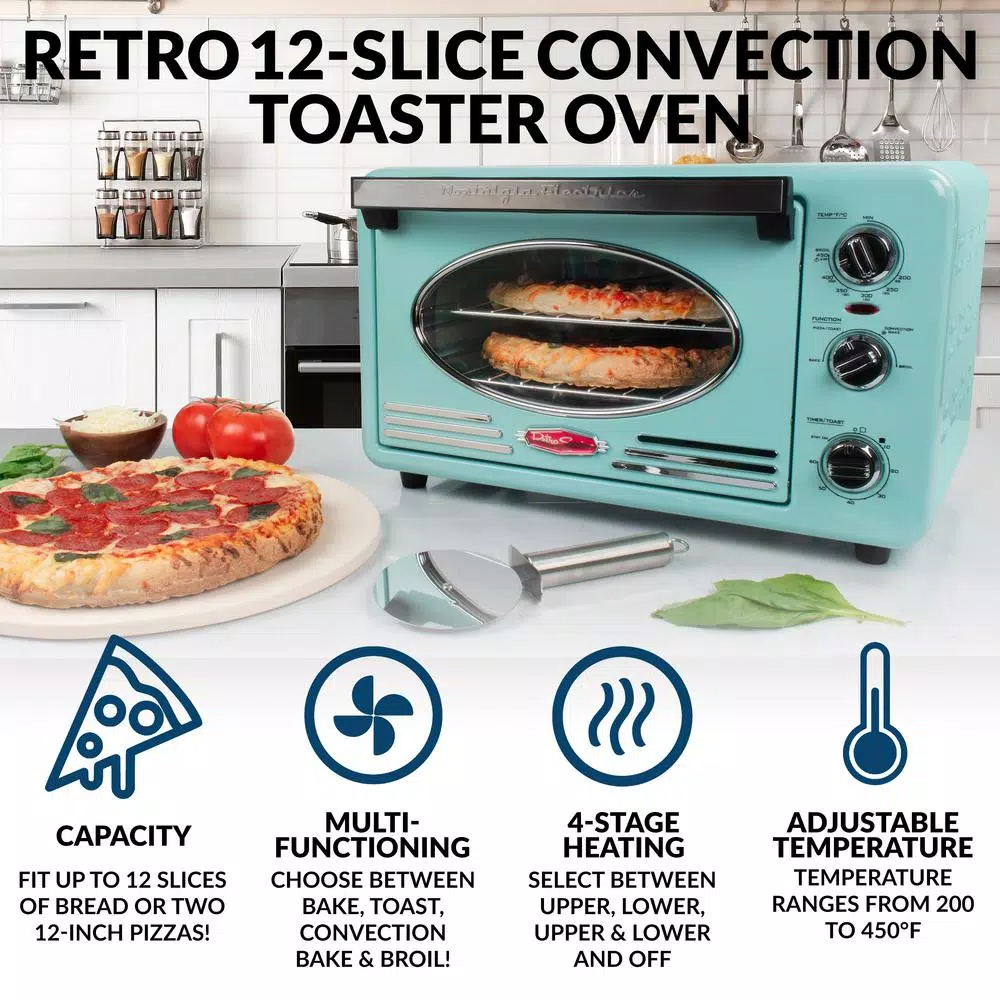Nostalgia Retro 1500W Aqua Convection Toaster Oven, 12-Slice Capacity with Built-in Timer