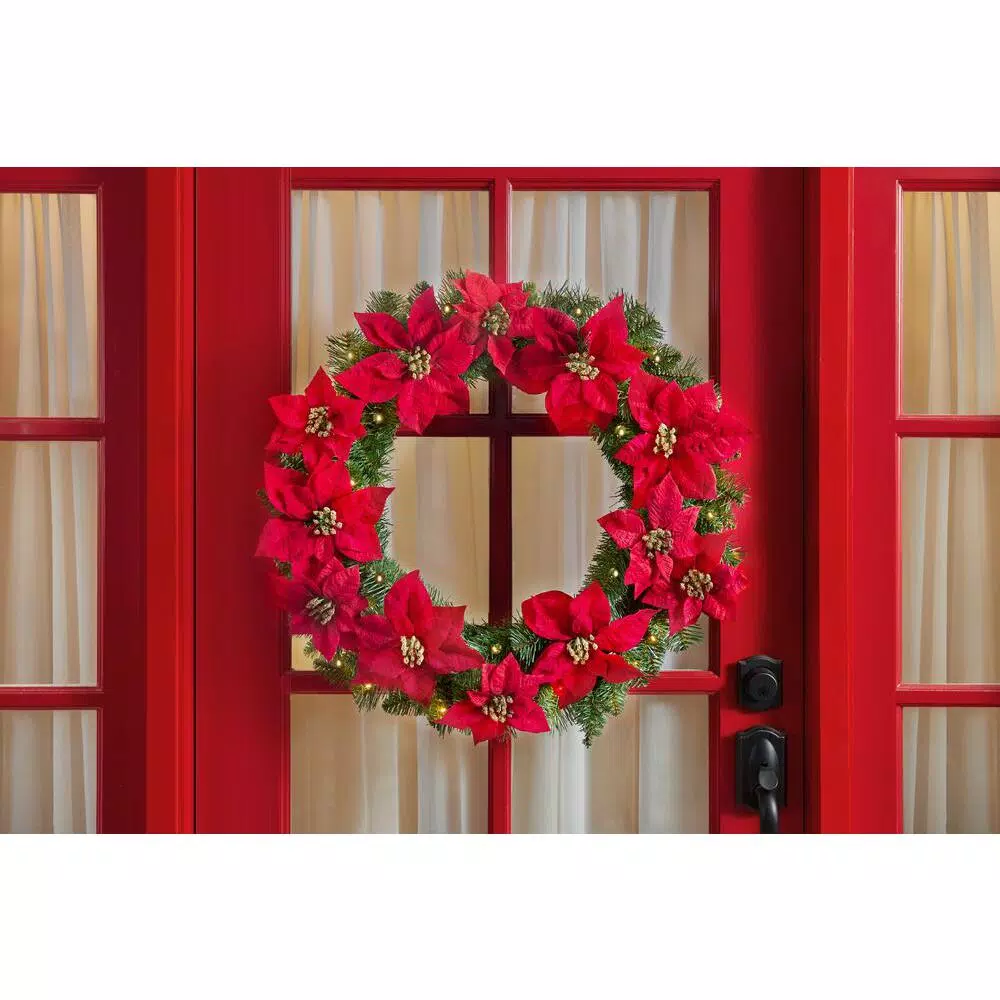 Home Accents Holiday 30 in. Berry Bliss Pre-Lit LED Artificial Christmas Wreath with Red Poinsettias