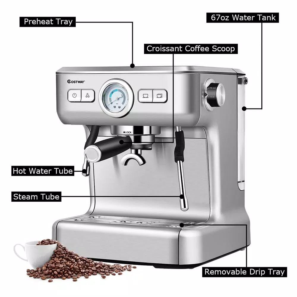 Costway Stainless Steel Semi-Auto Espresso Machine with Milk Frother Wand, 1500W Coffee Maker