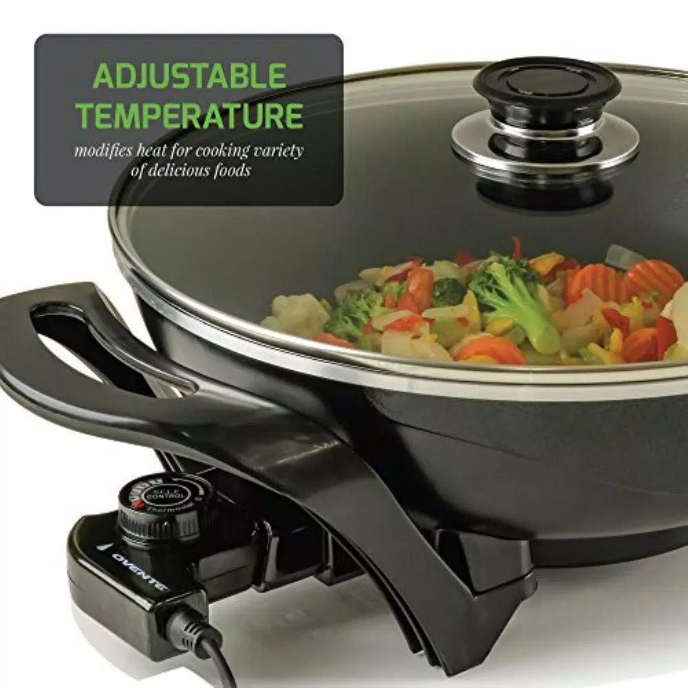 Ovente 13-Inch Non-Stick Electric Skillet with Tempered Glass Lid and Adjustable Temperature Control, Black