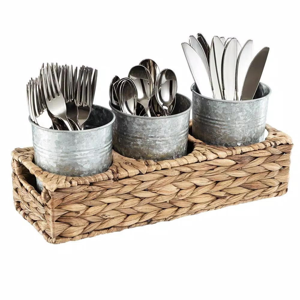 Artland Garden Terrace Water Hyacinth Flatware Caddy with 3 Galvanized Steel Cups
