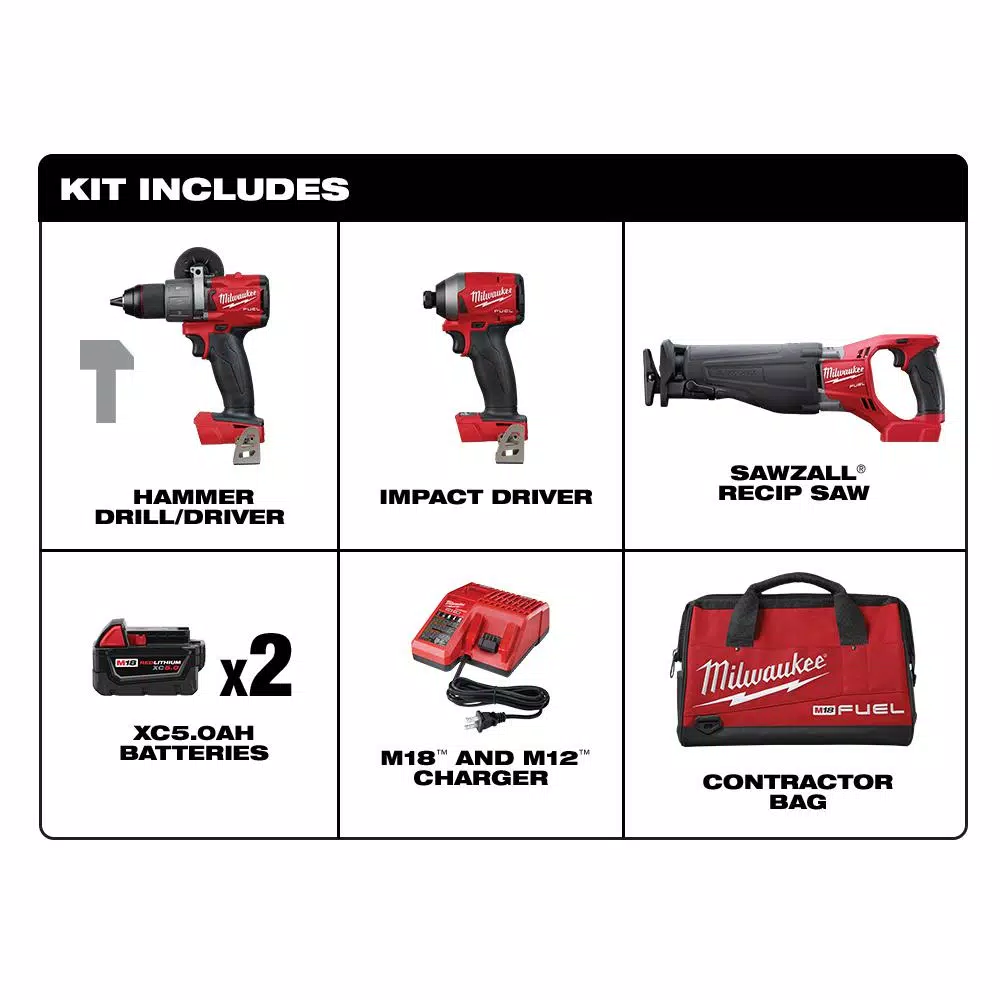 Milwaukee M18 FUEL 18V Lithium-Ion Brushless 3-Tool Combo Kit with (2) 5Ah Batteries, Charger and Bag