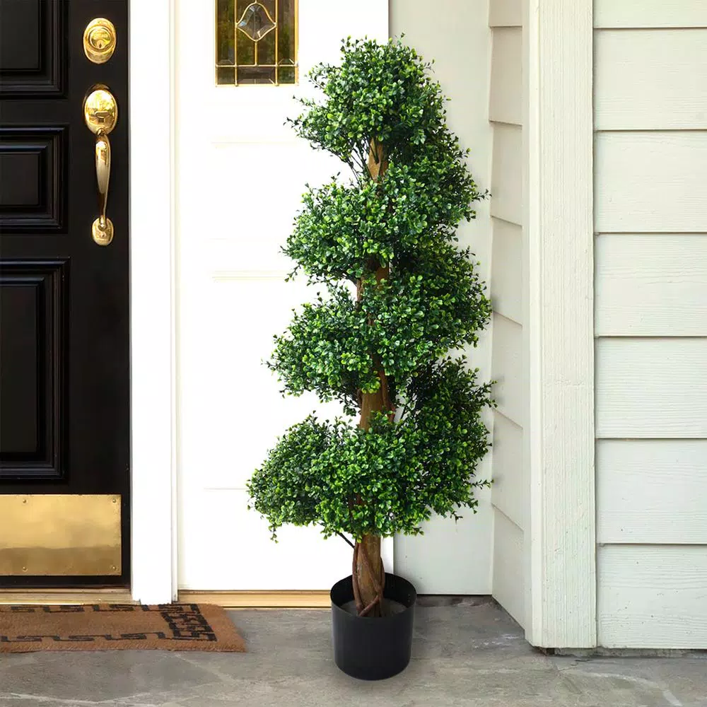 Earth Worth 48 in. Artificial Boxwood Topiary Tree - UV-Resistant Spiral Potted Plant