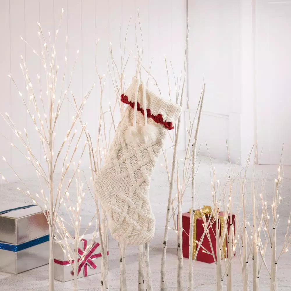 Glitzhome 22 in. White Knitted Christmas Stocking with Red Trim and Pompoms