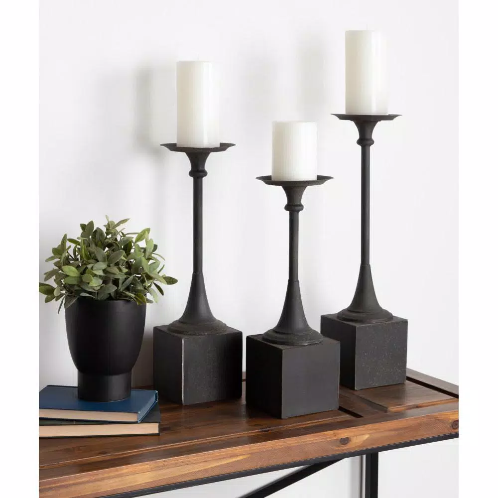 Kate and Laurel Bedrick Black Wood and Metal Candle Holder Set of 3, Modern Farmhouse Pedestal Style