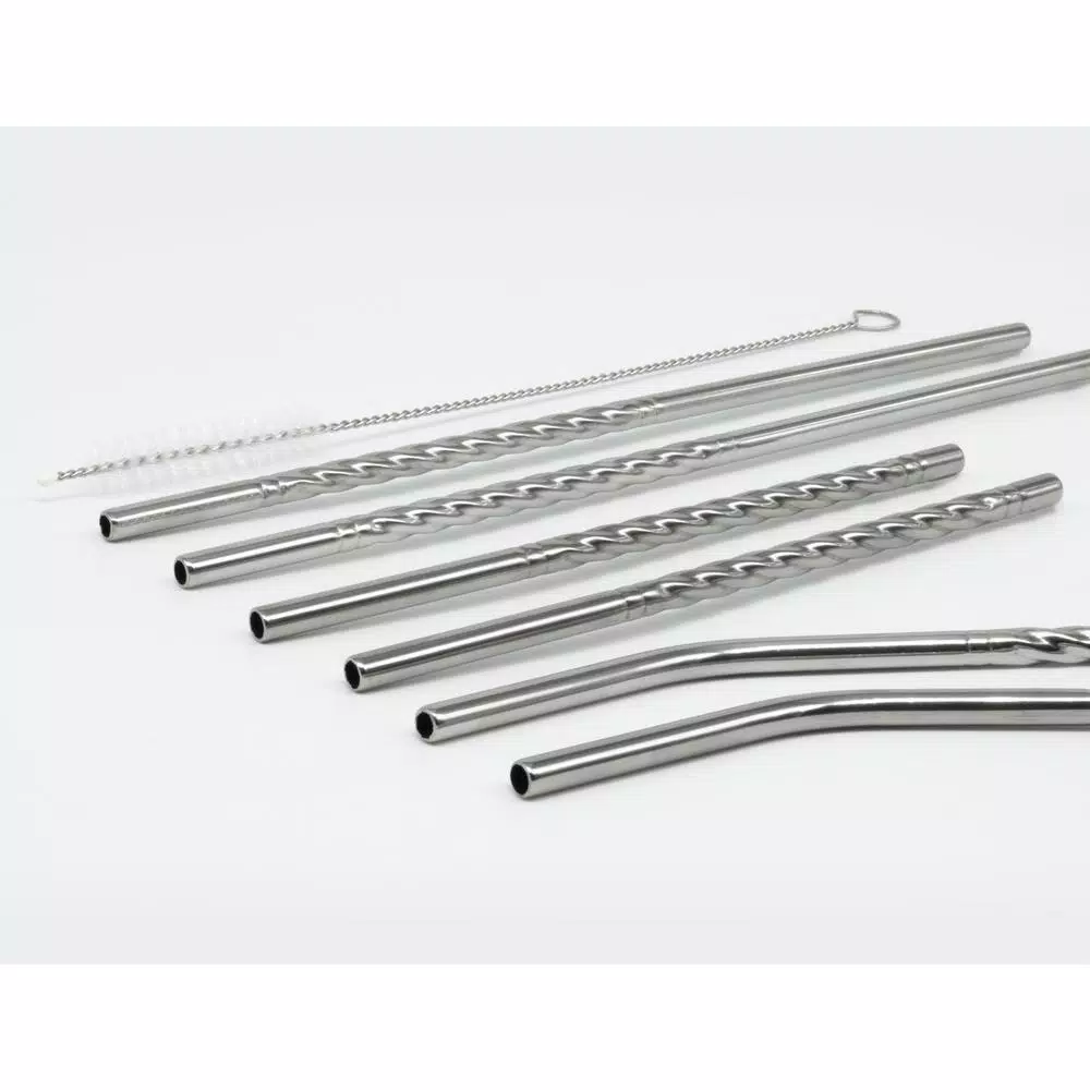 ExcelSteel 14-Piece Reusable Stainless Steel Swirl Straw Set with Cleaning Brushes