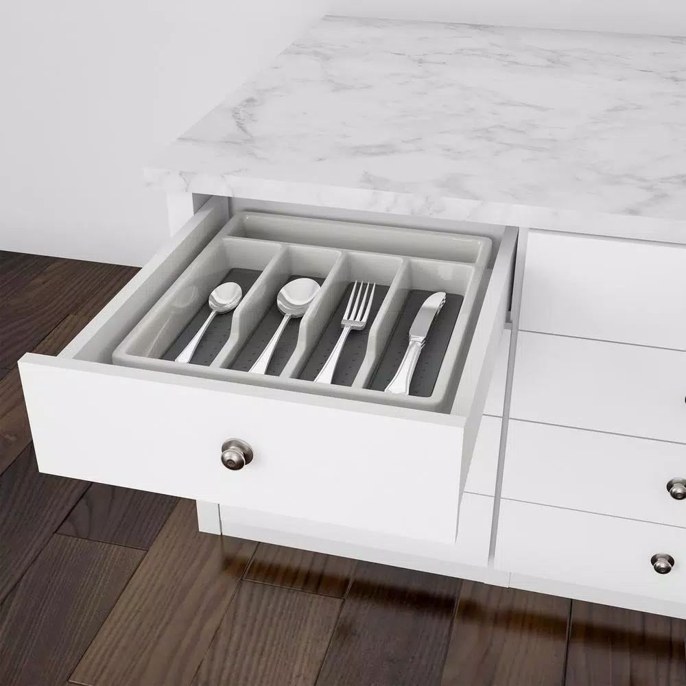 Lavish Home 5-Compartment White Silverware Drawer Organizer with Non-Slip Rubber Liner