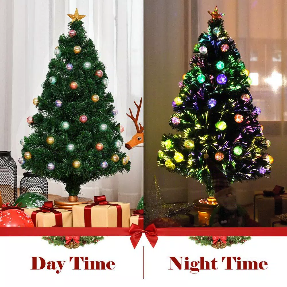 Costway 4 ft. Fiber Optic Pre-Lit Christmas Tree with Multi-Color LED Lights, Ornaments, and Gold Star