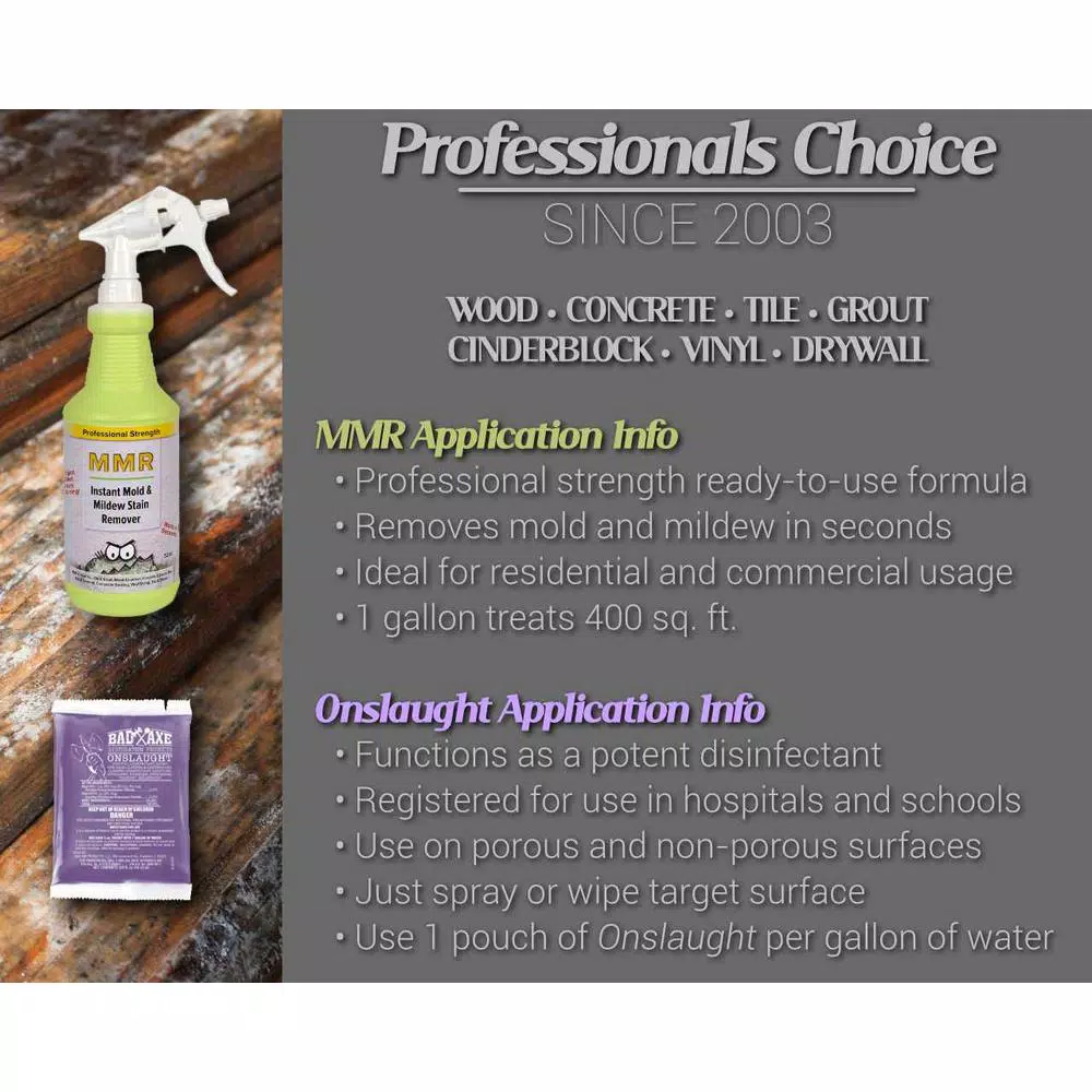 MMR Mold & Mildew Stain Remover (32 oz) and Onslaught Disinfectant Concentrate (2 oz) 2-Step Combo Pack