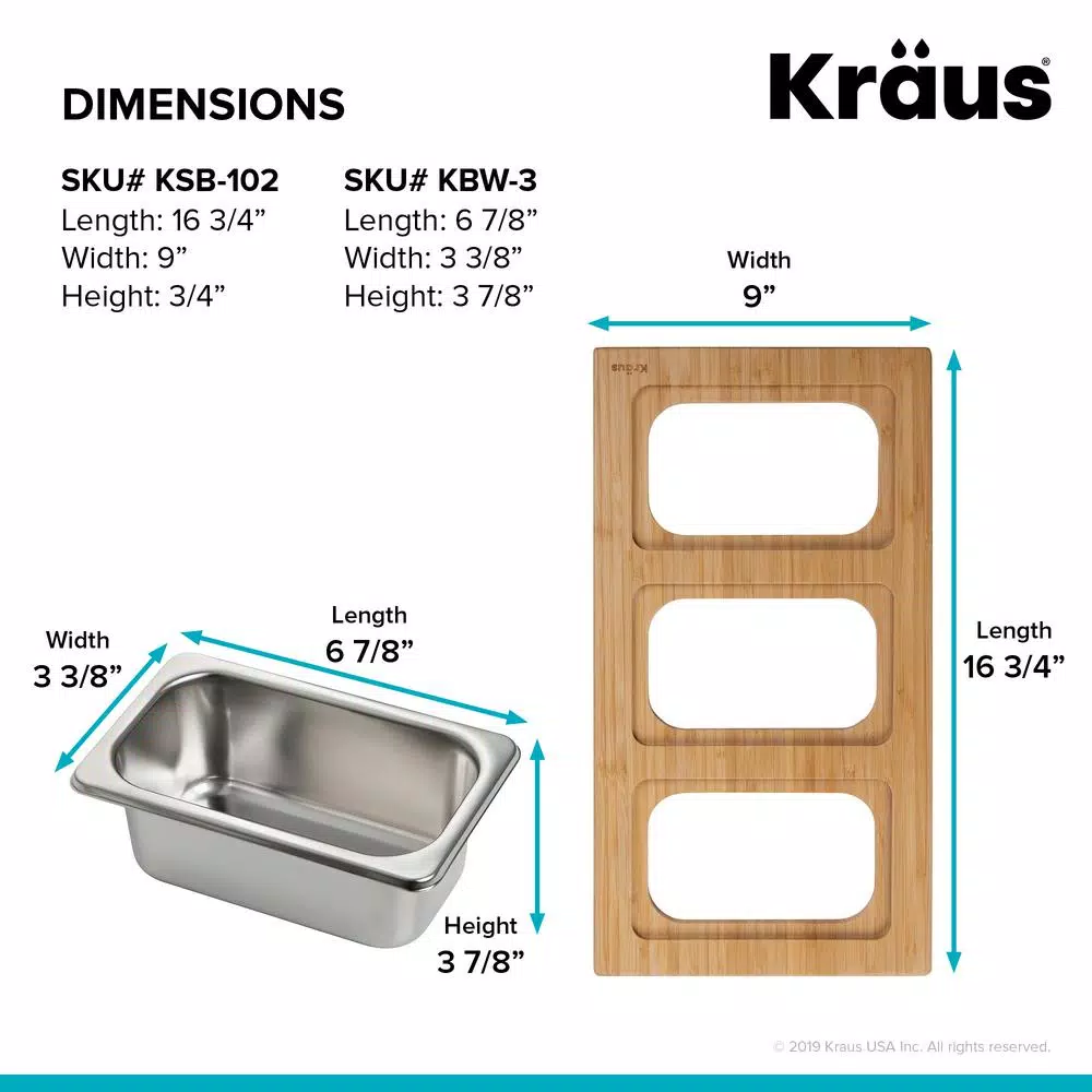 KRAUS Workstation Kitchen Sink Accessory Set: Bamboo Serving Board & 3 Stainless Steel Prep Bowls