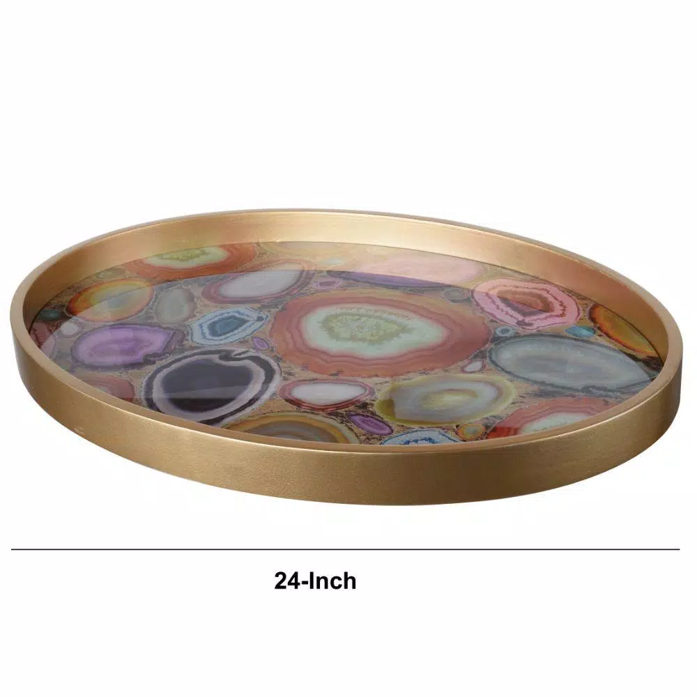 Benjara Contemporary Gold Glass and Wood Decorative Serving Tray