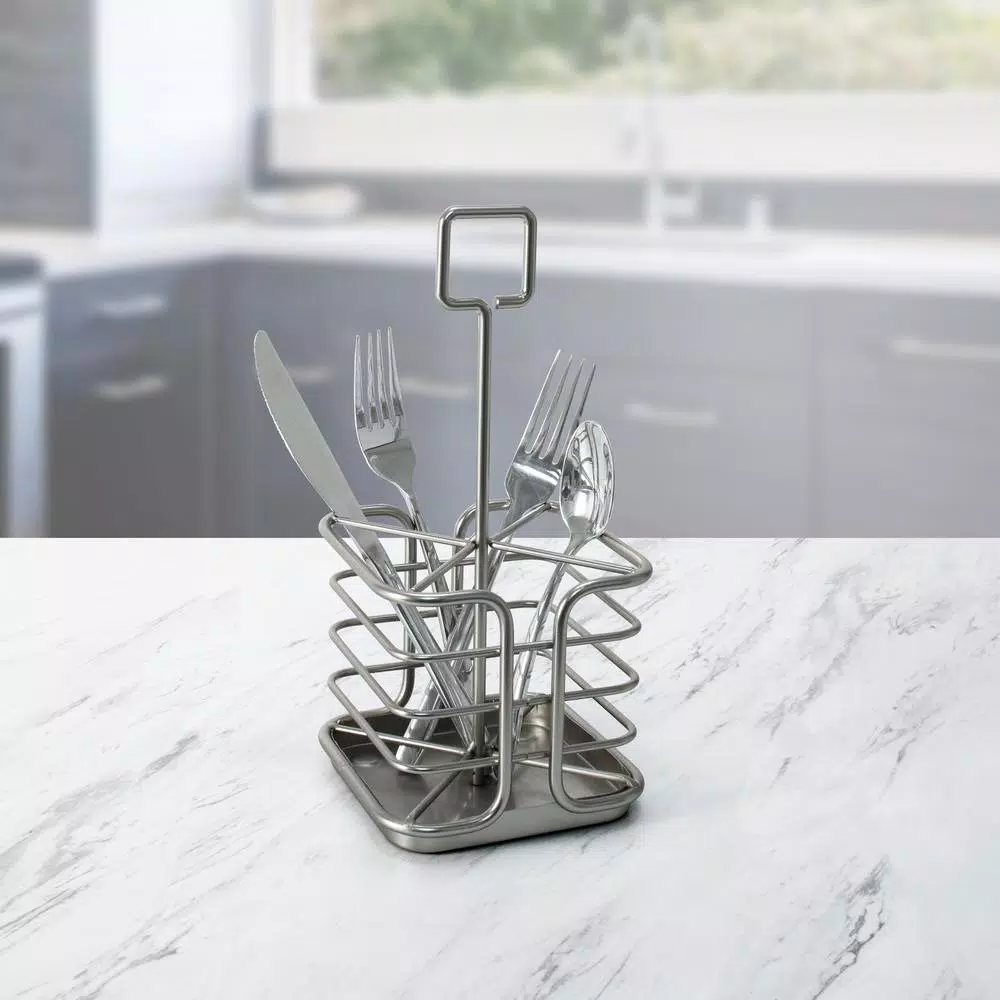 Spectrum Euro Kitchen Flatware & Silverware Organizer Caddy with Handle, Satin Nickel