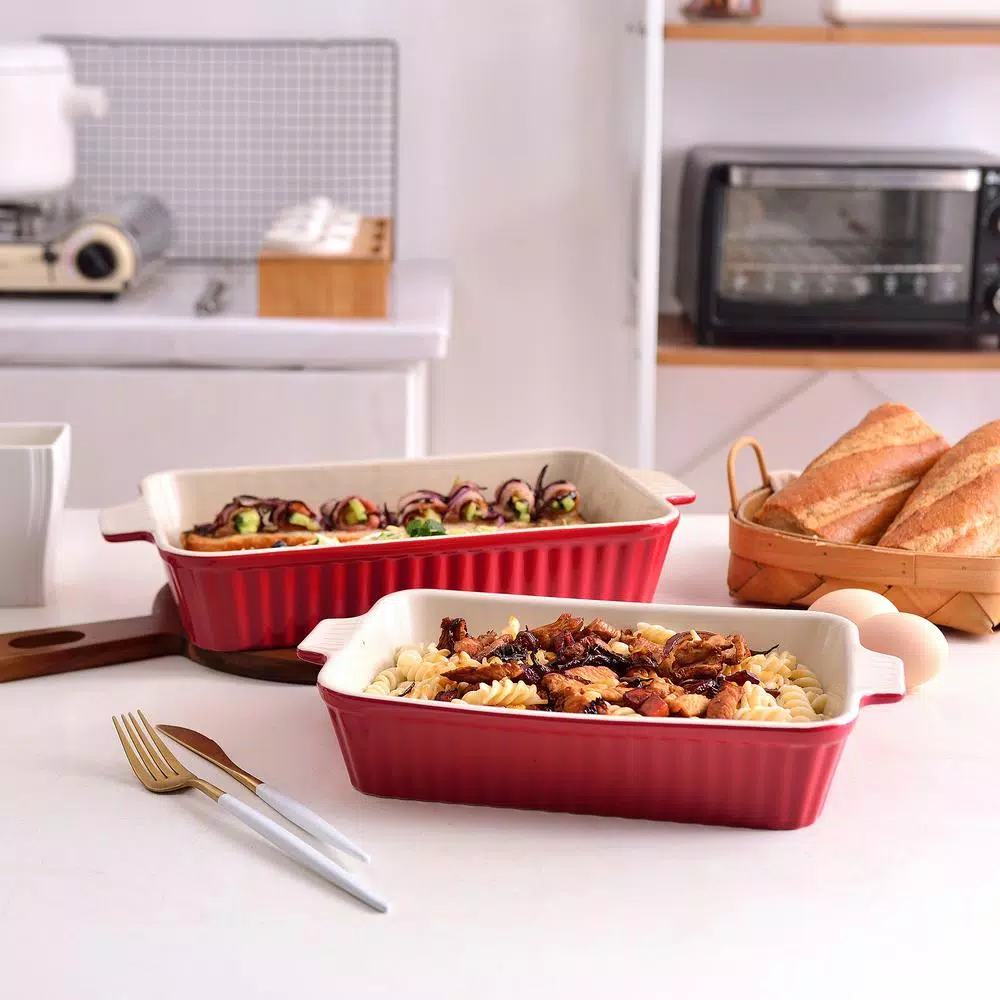 MALACASA 2-Piece Red Porcelain Rectangle Bakeware Set, 12 in. and 13 in. Ceramic Baking Dishes