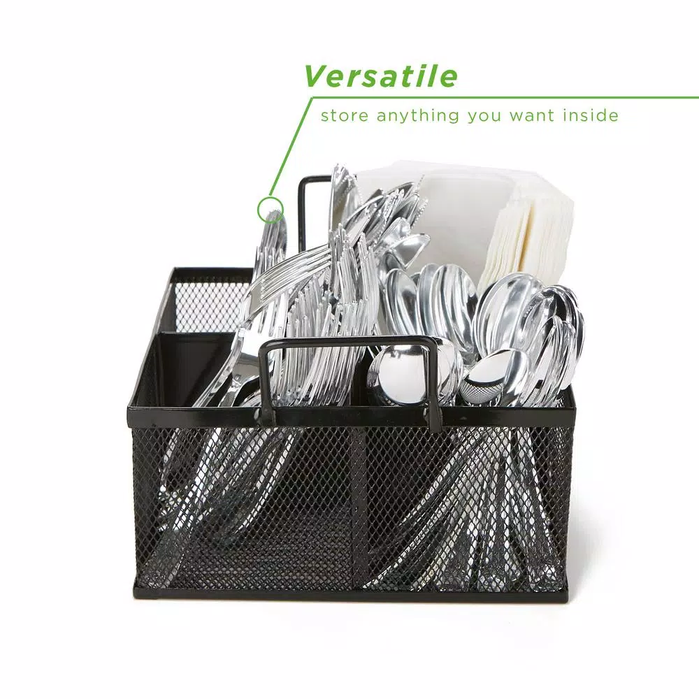 Mind Reader 4-Section Black Mesh Cutlery Caddy, Stainless Steel Flatware Organizer for Countertops