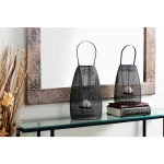 LITTON LANE Large Black Metal Mesh Lantern Candle Holder with Suspended Hurricane Glass thumbnail 1