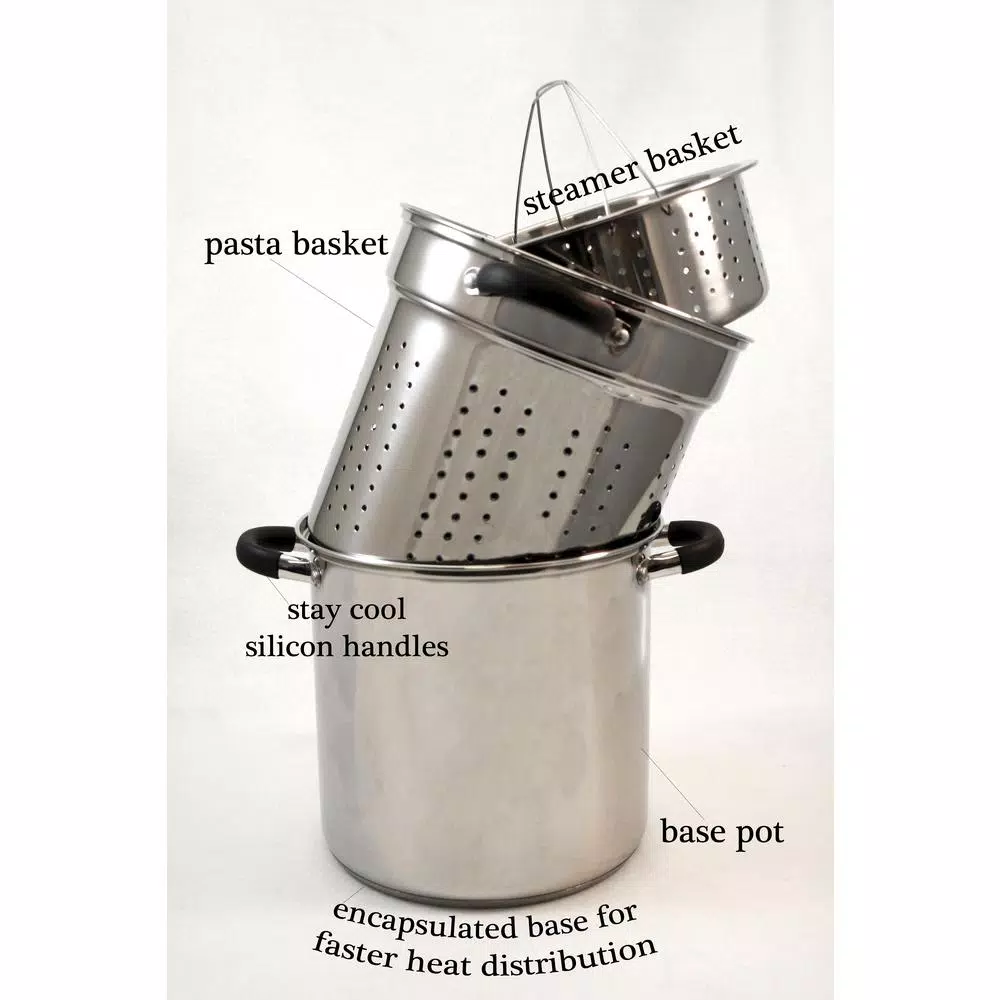 ExcelSteel 8 Qt. Stainless Steel Multi-Cooker Stock Pot Set with Steamer Insert and Silicone Handles