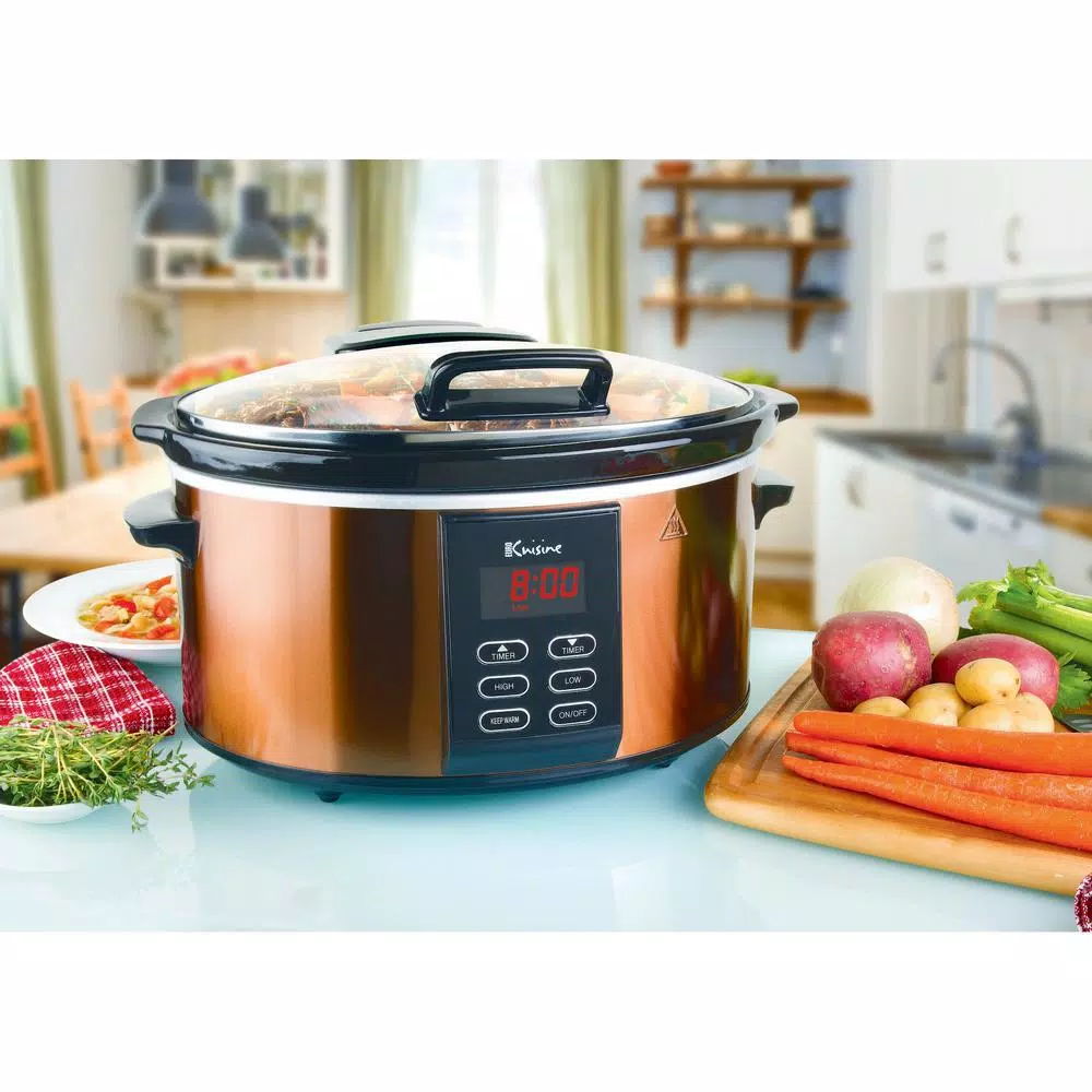 Euro Cuisine 6 Qt. Copper Electric Digital Slow Cooker with Programmable Timer and Hinged Glass Lid