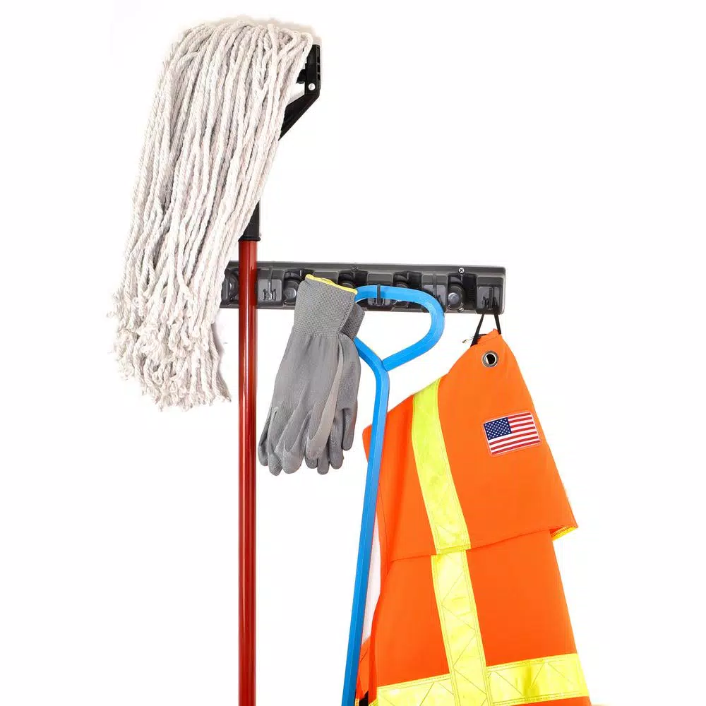 Alpine Industries 16 in. Wall Mounted Mop and Broom Holder with 5 Slots and 6 Retractable Hooks