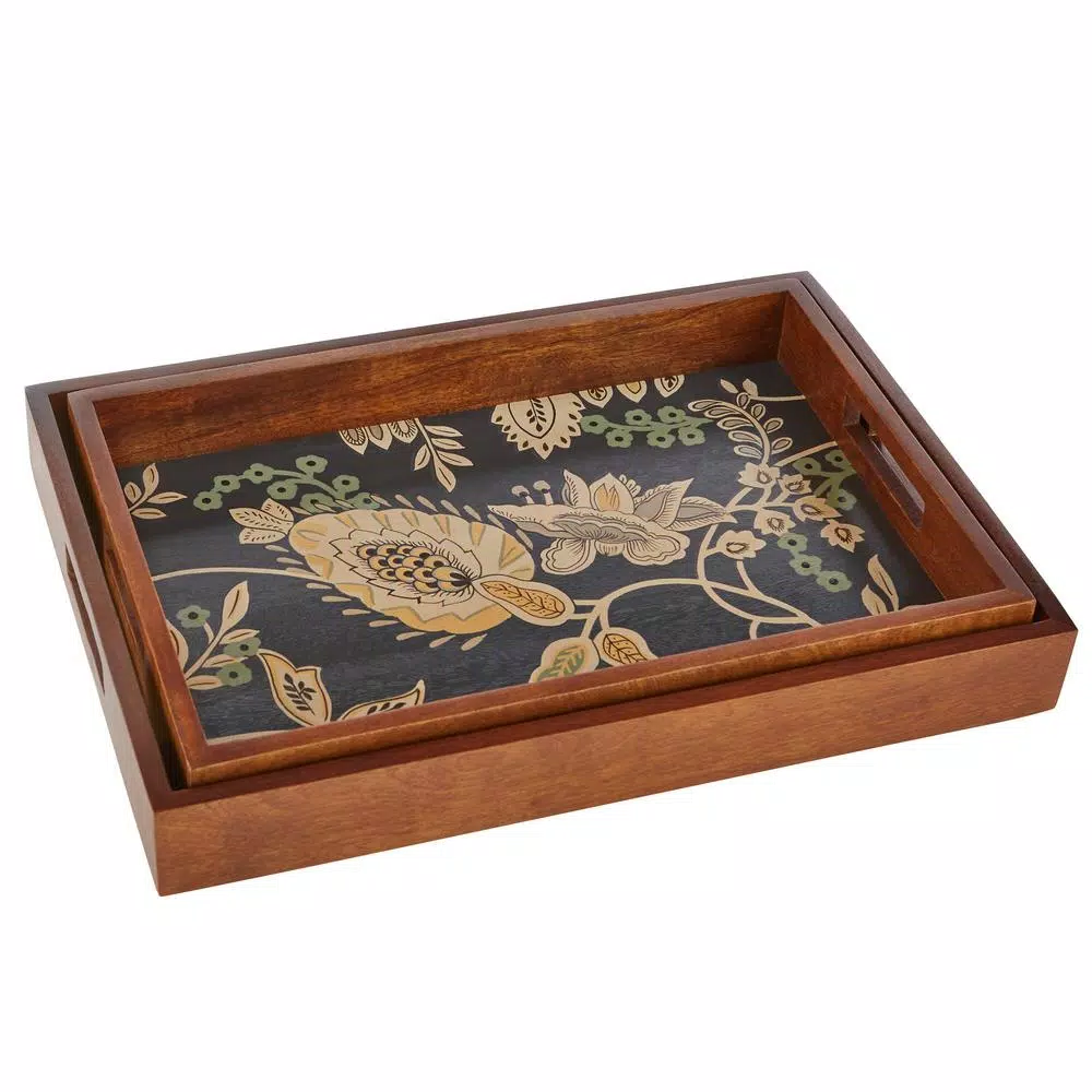 Home Decorators Collection Floral and Wood Decorative Rectangle Tray Set of 2