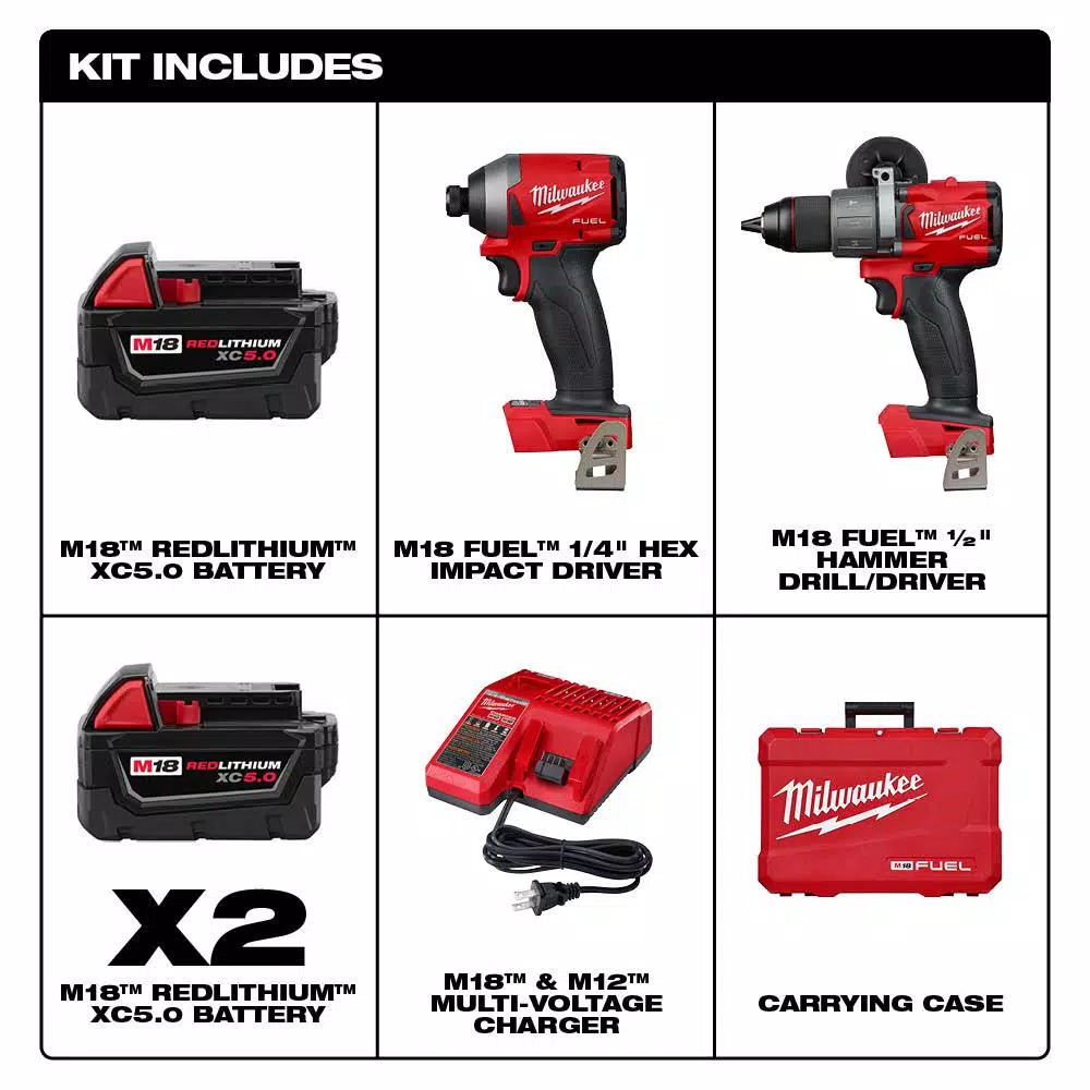Milwaukee M18 FUEL 18V Brushless Hammer Drill and Impact Driver 2-Tool Combo Kit with 5.0Ah Battery