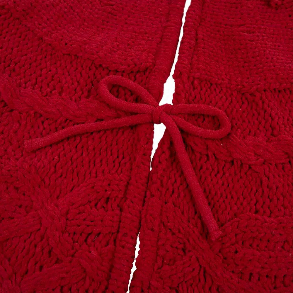 Glitzhome 52 in. Red Knitted Chenille Polyester Christmas Tree Skirt