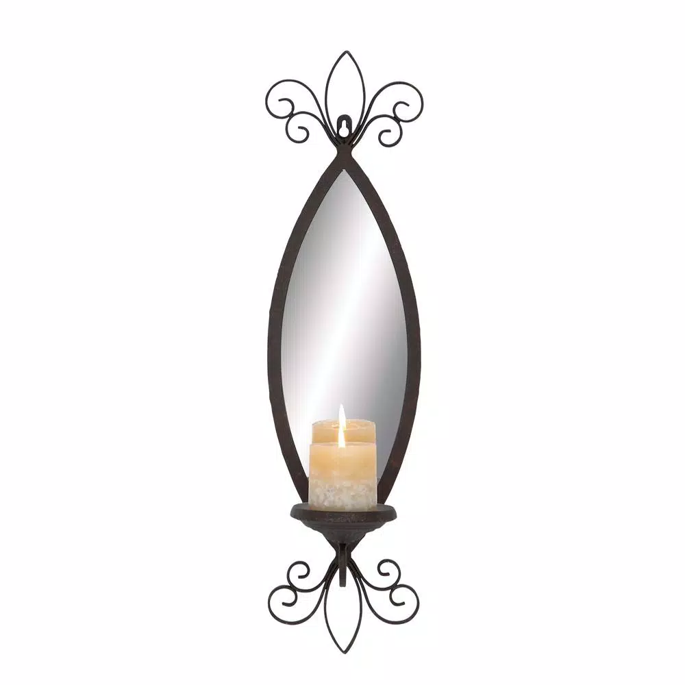LITTON LANE 25 in. New Traditional Wall Candle Sconce with Elliptical Mirror and Textured Bronze Finish