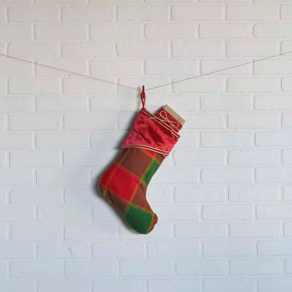 VHC Brands Tristan 15 in. Traditional Christmas Stocking - Cherry Red & Shamrock Green Plaid