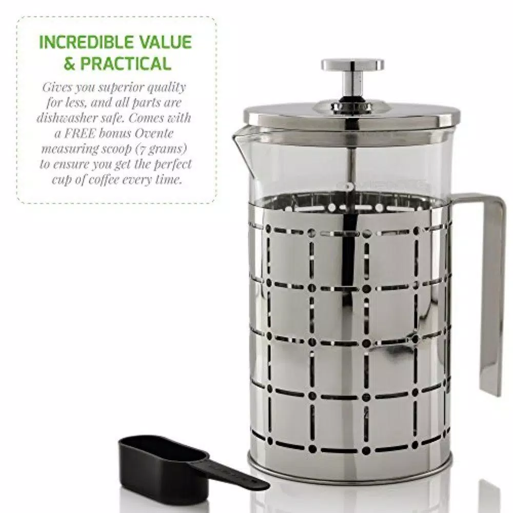 Ovente 3-Cup Silver Borosilicate Glass French Press Coffee and Tea Maker with Stainless Steel Shell