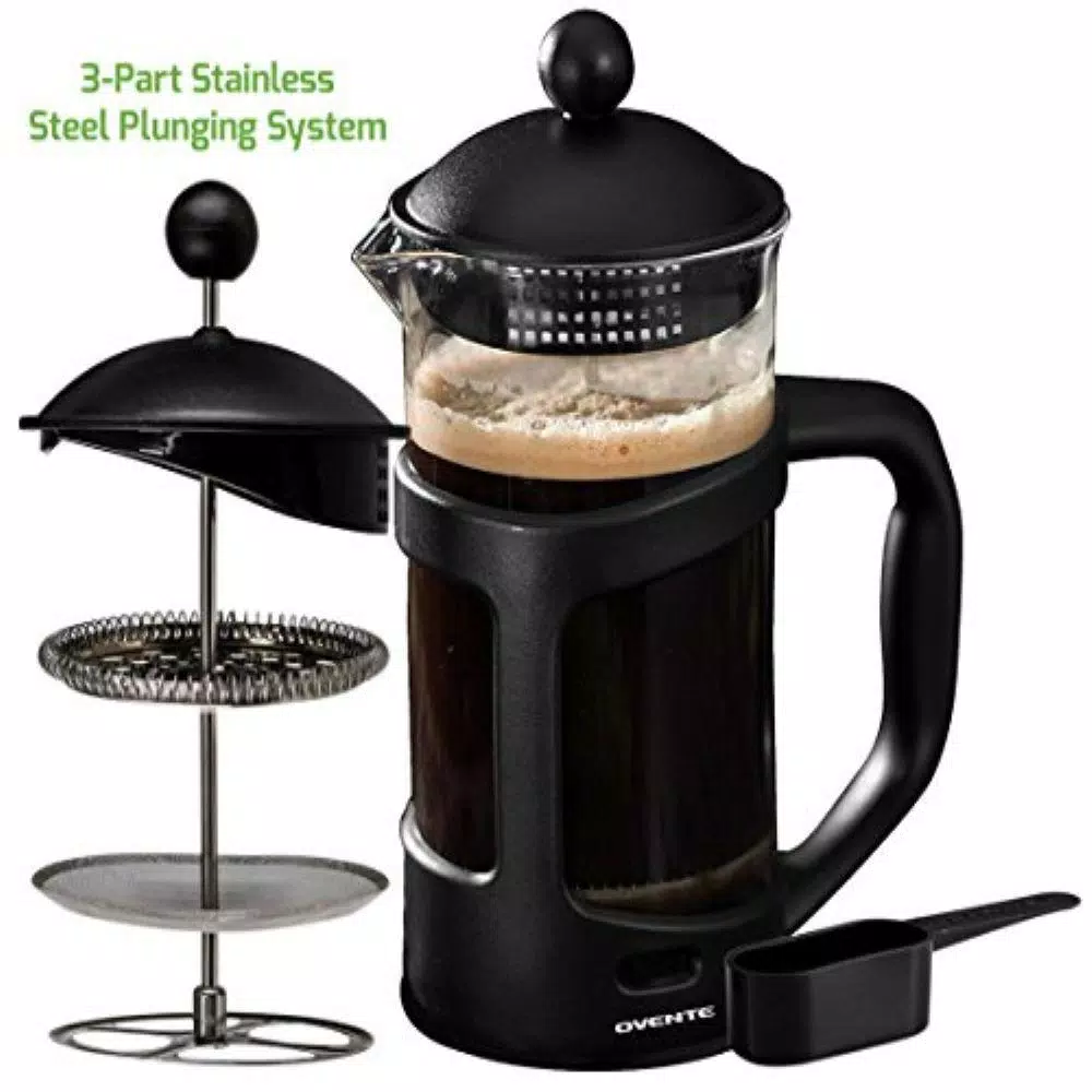 Ovente 4-Cup Black French Press Coffee and Tea Maker with Borosilicate Glass Carafe and Measuring Scoop