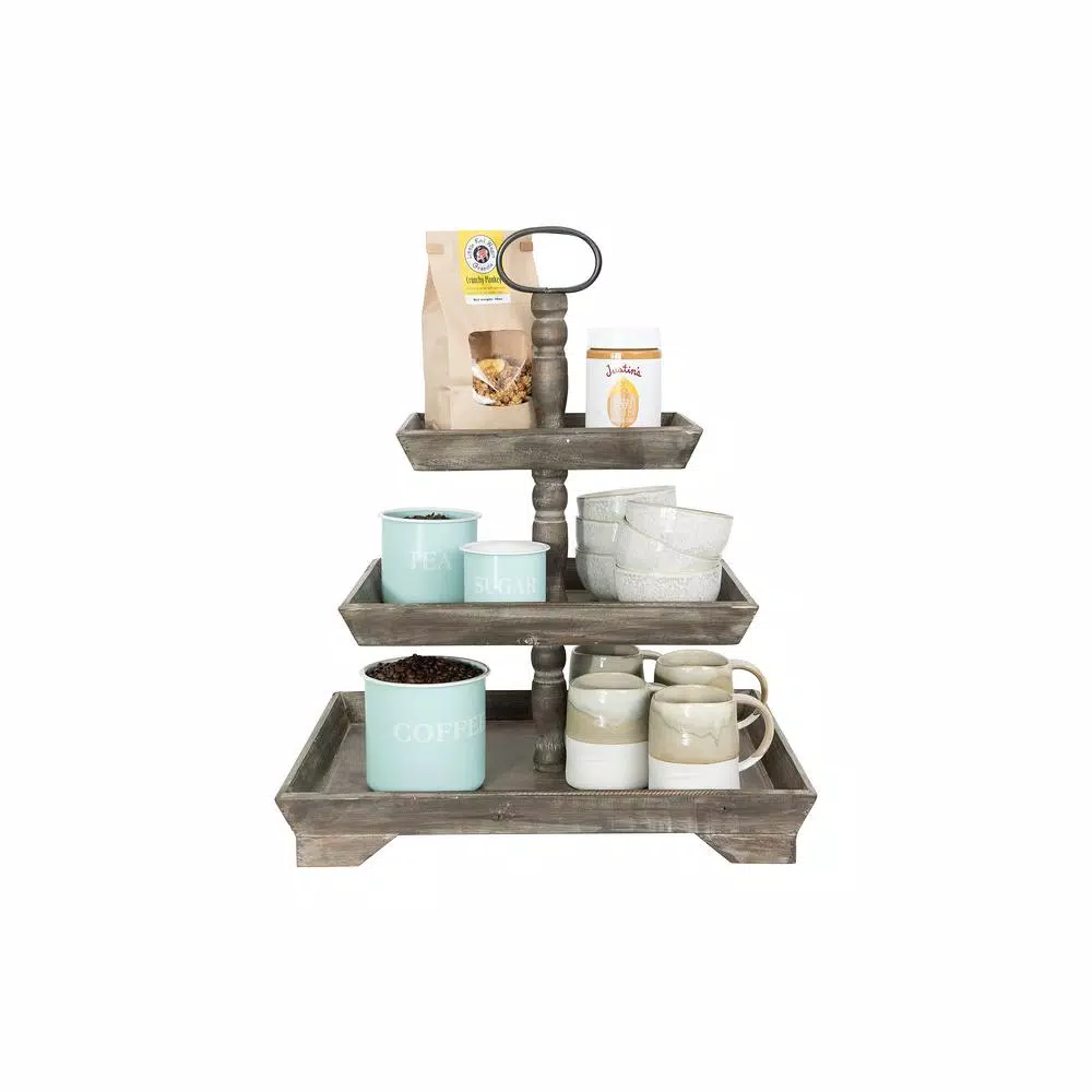 3R Studios Rustic Brown 3-Tier Decorative Tray with Metal and Fir Wood Construction
