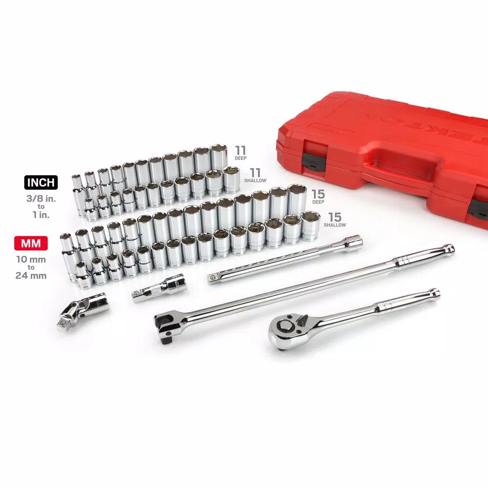 TEKTON 58-Piece 1/2 in. Drive Socket Set, 3/8-1 in. and 10-24 mm SAE/Metric