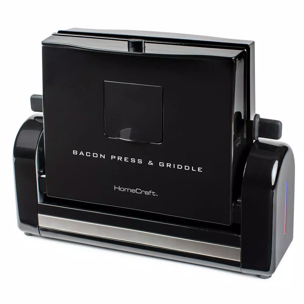 HomeCraft Black Bacon Press and Griddle, 900W Countertop Specialty Grill with Vertical Cooking and Drip Tray