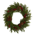 Nearly Natural 32 in. Artificial Cypress Wreath with Red Holly Berries and Pine Cones thumbnail 1
