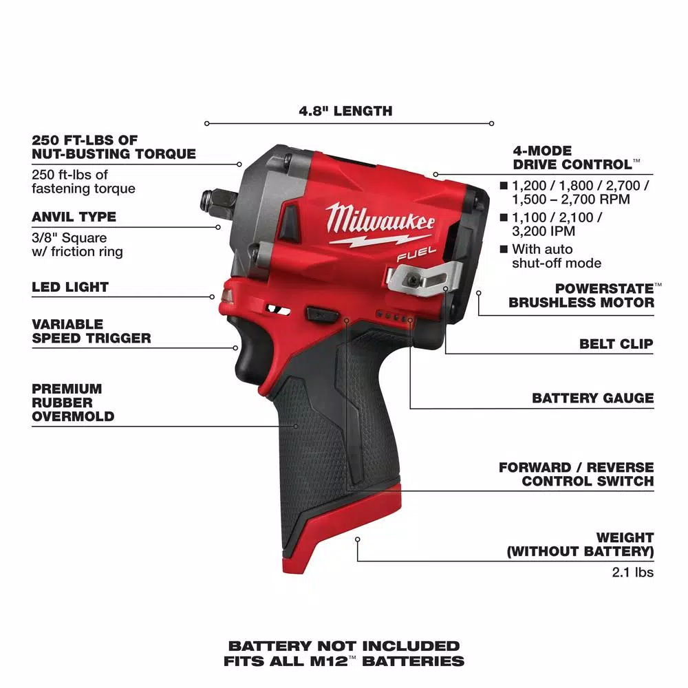Milwaukee M12 FUEL 3/8 in. Stubby Impact Wrench & Ratchet Combo Kit with Two 3.0 Ah Batteries