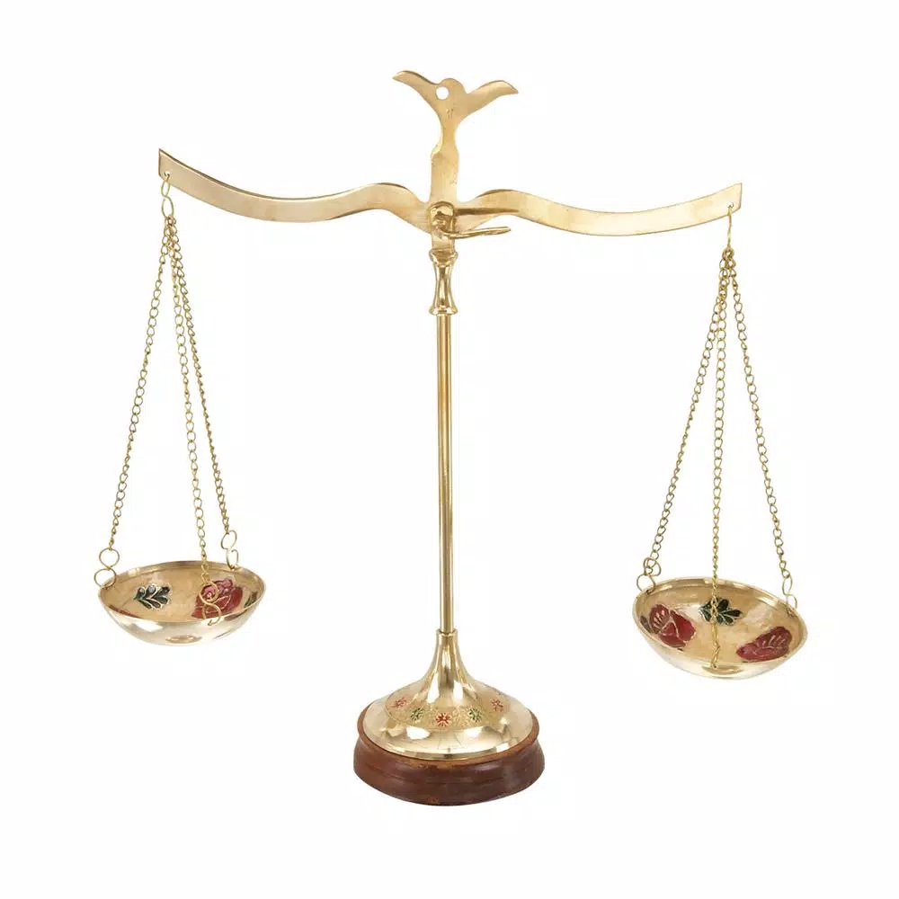 LITTON LANE 12 in. Polished Brass Equilibrium Scale Decor with Floral Embroidery and Wood Base