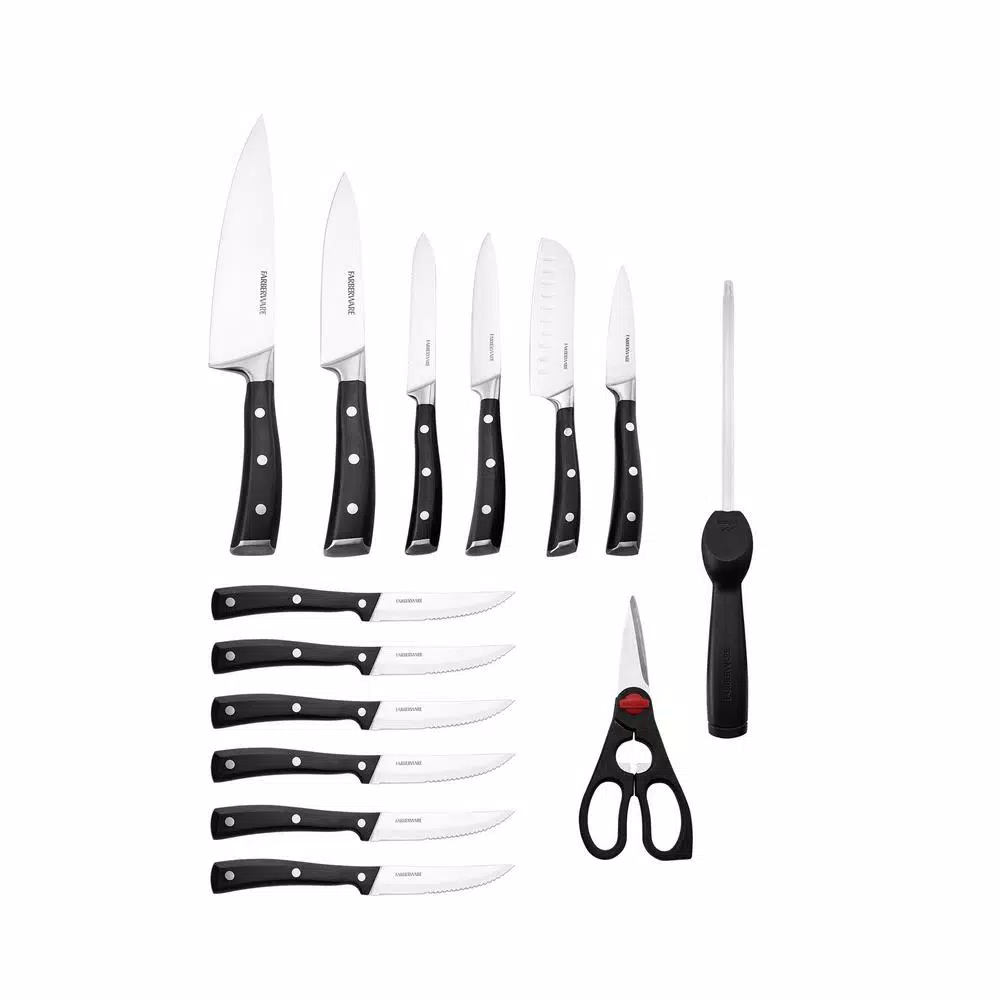 Farberware 15-Piece Triple Rivet Forged Knife Block Set with High Carbon Stainless Steel Blades