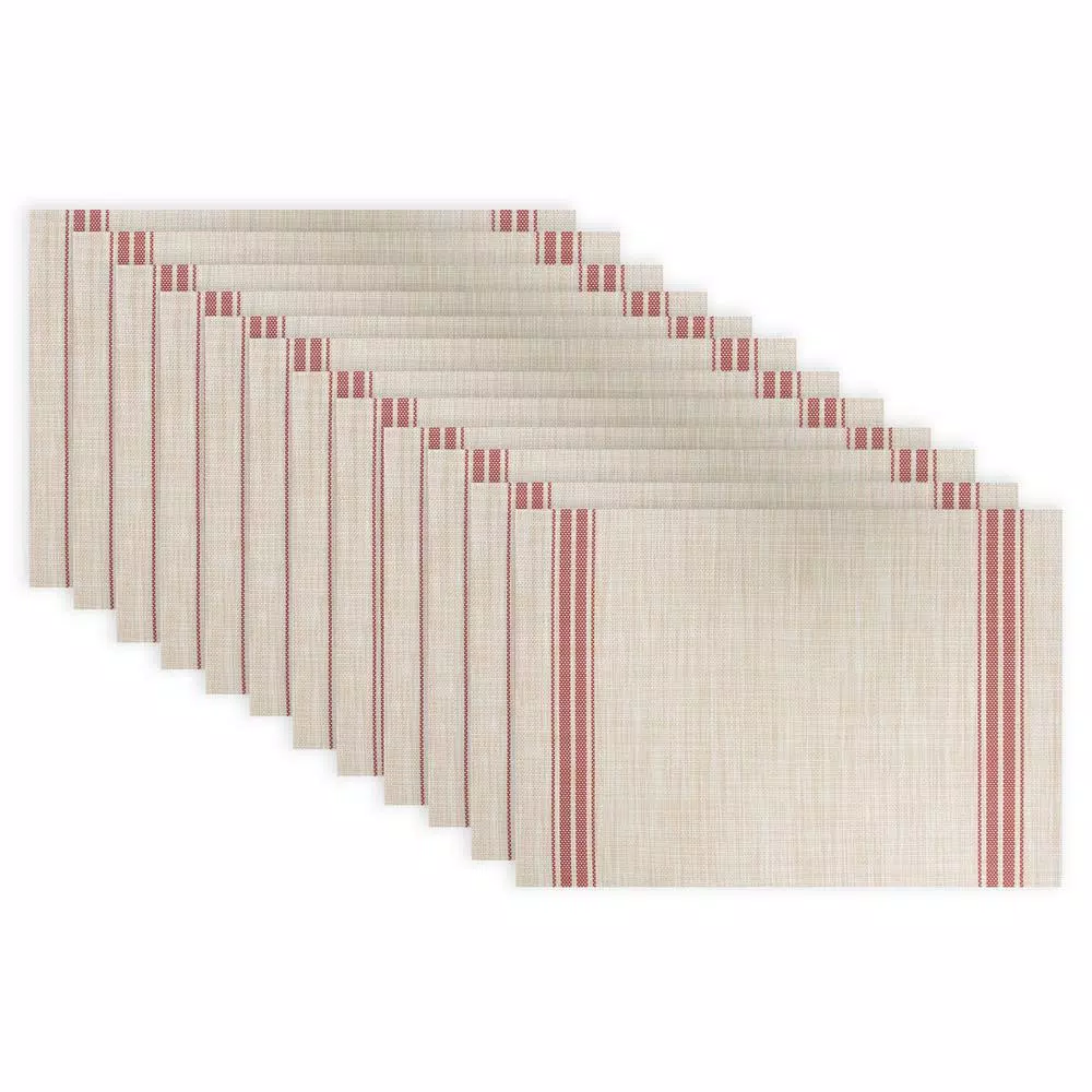 RITZ Red Stripe Reversible Woven Indoor Outdoor Placemats, 19 x 13 in, Set of 12