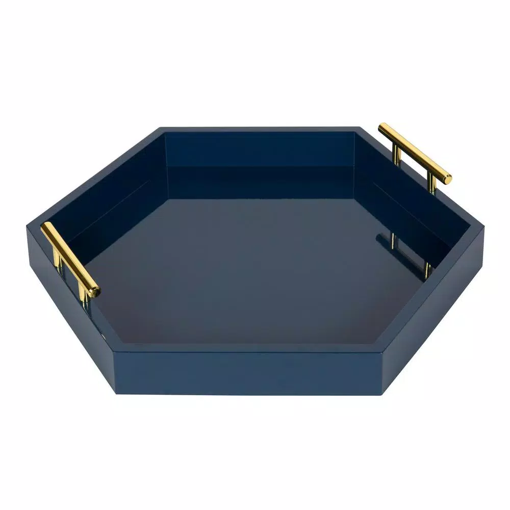 Kate and Laurel Lipton 18 in. Navy Blue Hexagon Decorative Tray with Polished Metal Handles