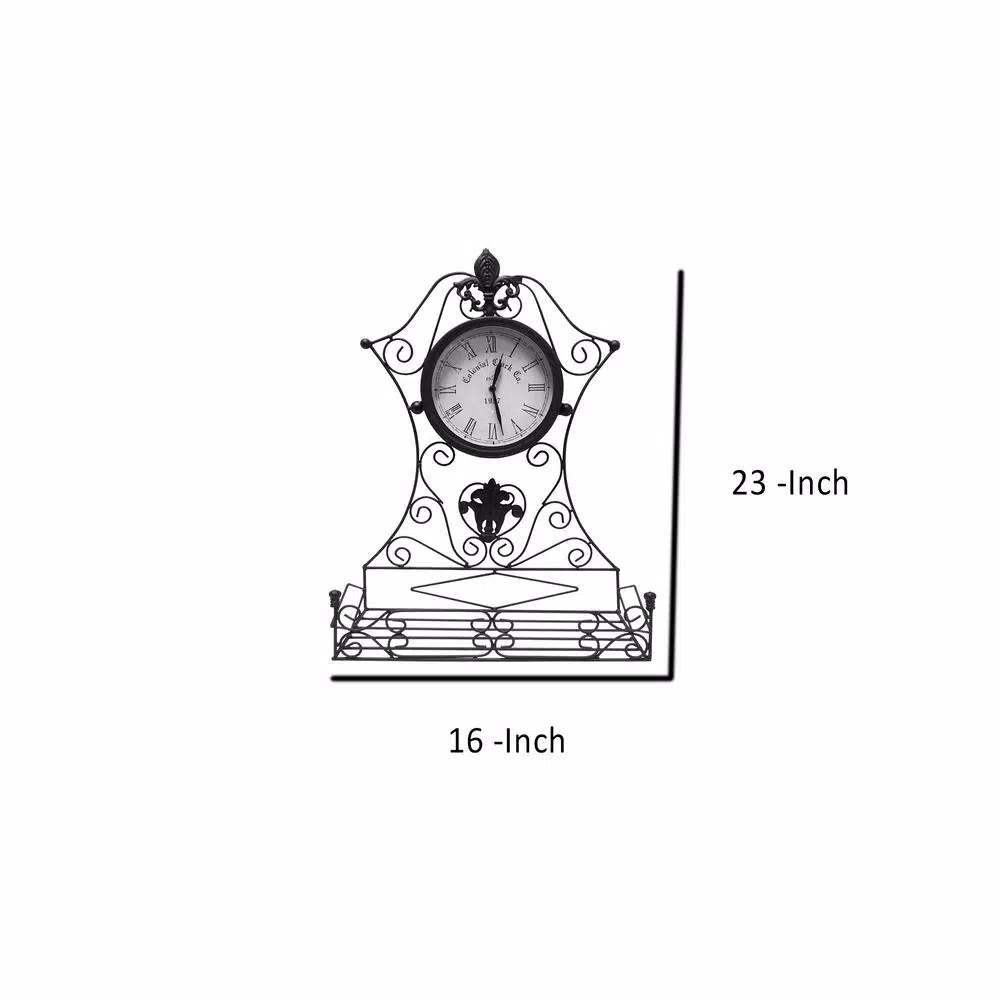 Benjara Epoch Black Metal Outdoor Clock with Scrollwork and Storage Base