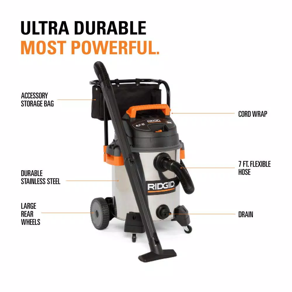 RIDGID 16 Gal. 6.5 Peak HP Stainless Steel Wet/Dry Shop Vac with 10 ft. Pro Hose and Locking Accessories