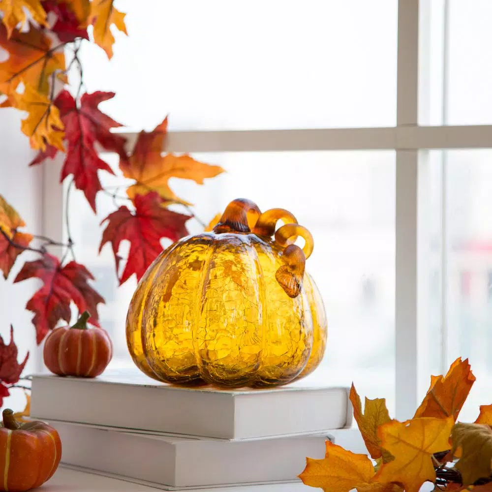 Glitzhome Amber Crackle Glass Pumpkin Set of 2, Handmade Indoor Tabletop Decor