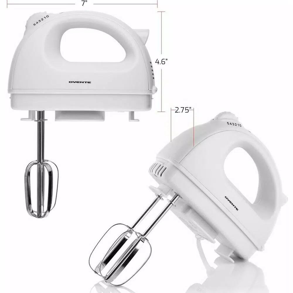 Ovente HM161 5-Speed 150W Electric Hand Mixer with Chrome Beaters and Snap-On Storage Case, White
