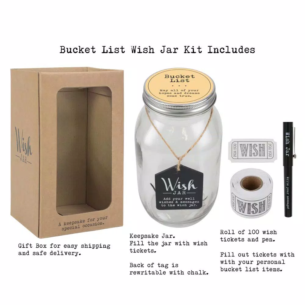 Stonebriar Collection Top Shelf Glass Bucket List Wish Jar Kit with 100 Tickets and Pen