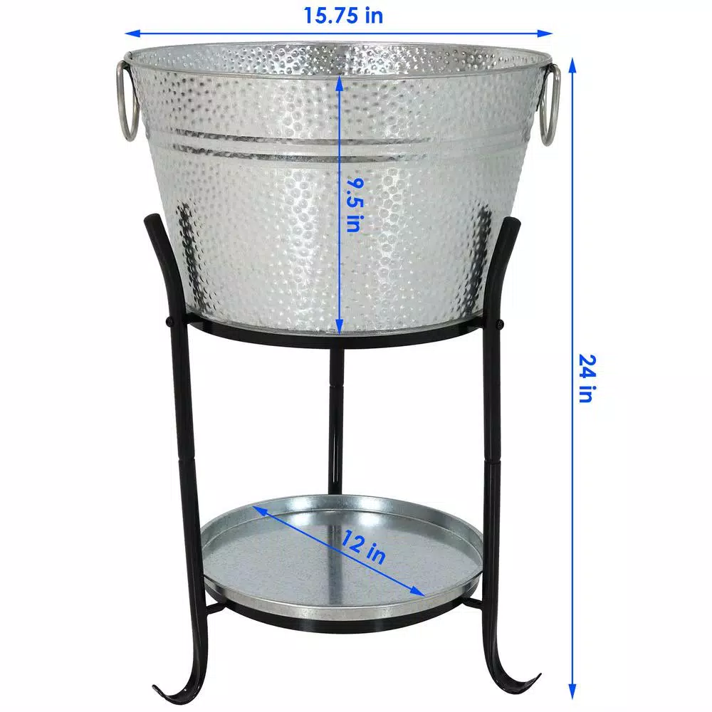 Sunnydaze Decor Pebbled Galvanized Steel 5-Gallon Ice Bucket Drink Cooler with Stand and Tray