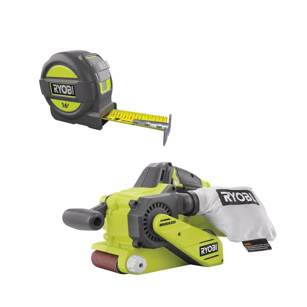RYOBI 18V ONE+ Brushless 3 in. x 18 in. Cordless Belt Sander and 16 ft. Tape Measure Combo Kit