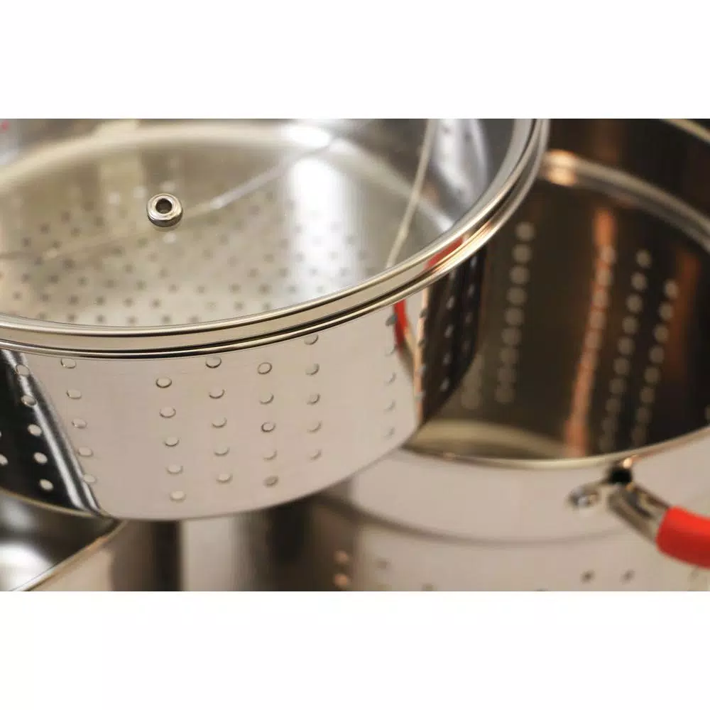 ExcelSteel 12 Qt. Stainless Steel Multi-Cooker Pasta Pot Set with Steamer Insert and Red Silicone Handles