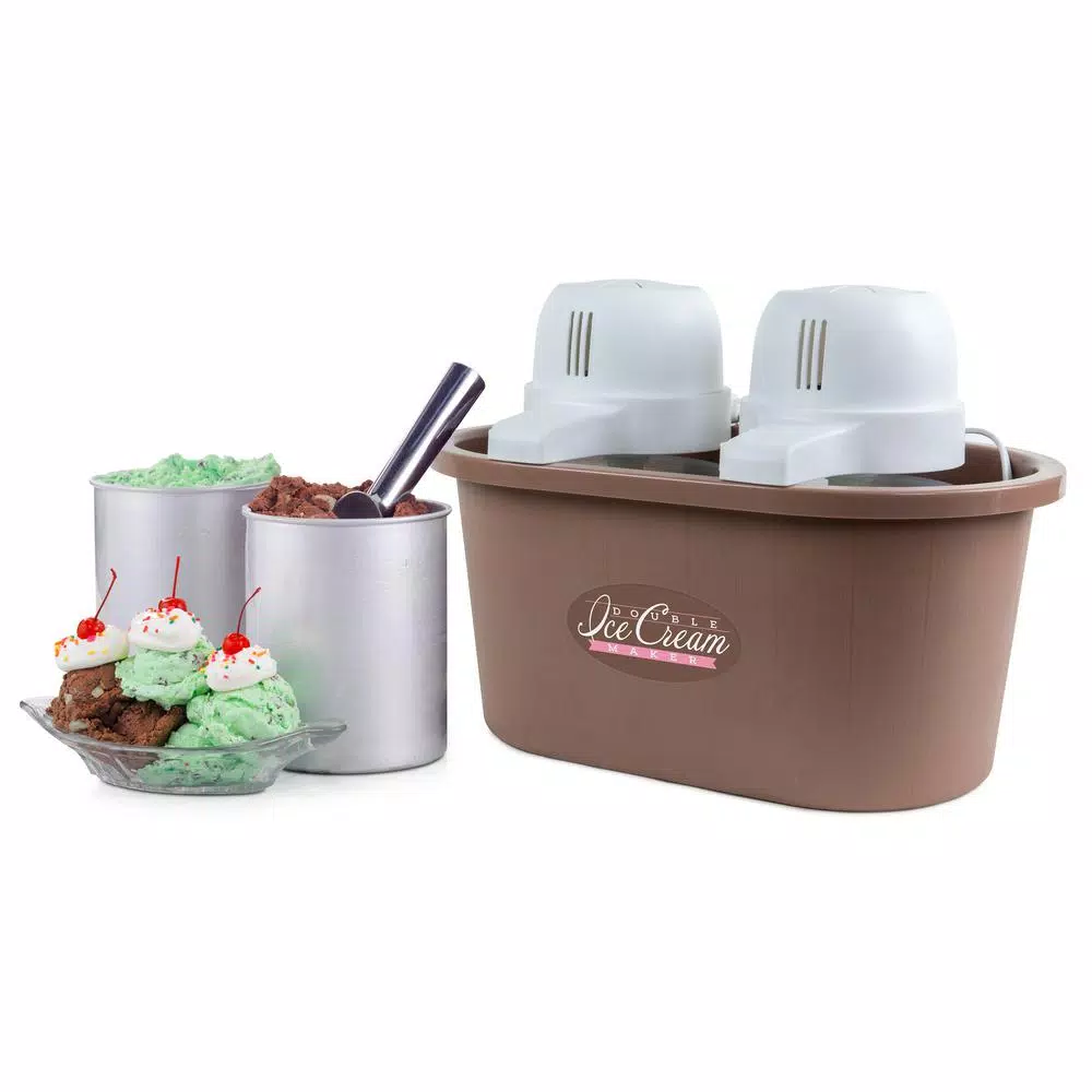 Nostalgia 4 Qt. Double Flavor Ice Cream Maker, Brown Countertop Electric Machine