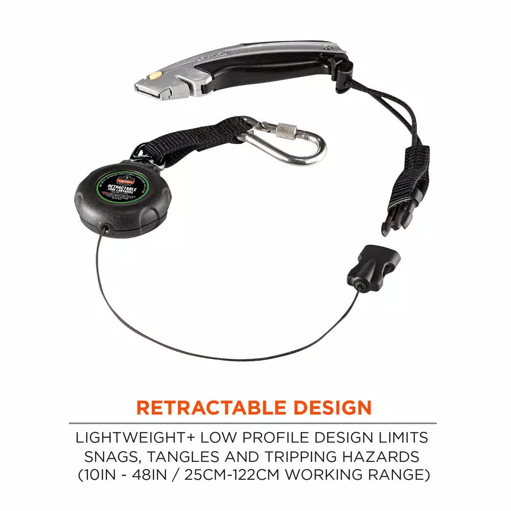 Ergodyne Squids 3001 Standard Black Retractable Tool Lanyard with Single Carabiner and Loop End (2 lb Capacity)